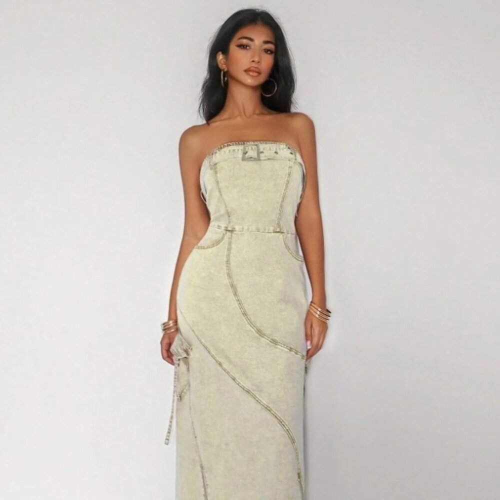 Women’s Iris Denim Strapless Buckle Patchwork Maxi Dress - Picture 2 of 6